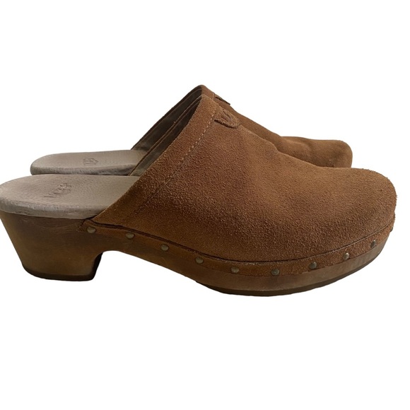 Ugg suede tan leather clogs mules slides wooden chunky heel shearling lining - Picture 9 of 10